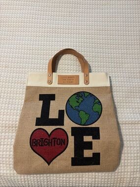 Brighton Natural Canvas LOVE Tote with Red Heart and Blue/Green Globe